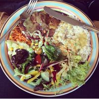 yummy veggie patties with rice and salad at Mad Cucumber in Bournemouth