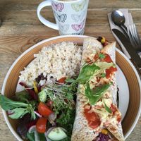 Enchilada and soya latte. at Mad Cucumber in Bournemouth