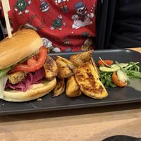 Tofu burger with wedges  at Mad Cucumber in Bournemouth