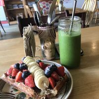 Fruit and chocolate waffle with the Green smoothie  at Mad Cucumber in Bournemouth