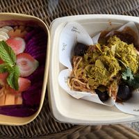 Spaghetti and meatballs and pin berry booster smoothie bowl with cinnamon coconut flakes   at The Raw Temple in Ubud