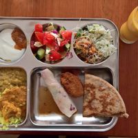 Super yummy selection of Indian and Vietnamese themed food and mango lassie.  at Dhaba Beas - Na Porici in Prague