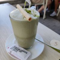 Matcha latte with soy milk at Flamingo's in Lanzarote