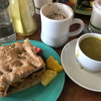 Tempeh breakfast slider, vegan broccoli soup and hot chocolate with almondmilk  at Juicy Kitchen in Ann Arbor