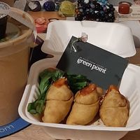 Samosas, Ramen, kombucha and for dessert Snickers at Green Point in Cusco