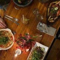 Dinner spread! Ravioli, Pad Thai, Tacu Tacu, Vegan Saltado  at Green Point in Cusco