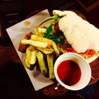 Homemade pita bread falafel with herb crusted chips and fresh tomato sauce ❤️ at Green Point in Cusco