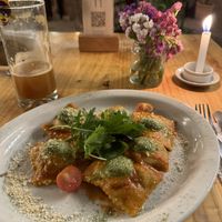 Ravioli and delicious passion fruit kombucha   at Green Point in Cusco