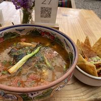 Lentil soup with Oyster mushrooms, with chips and guacamole. The guacamole was heavenly!  at Green Point in Cusco