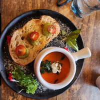 Roasted tomato soup! at Green Point in Cusco