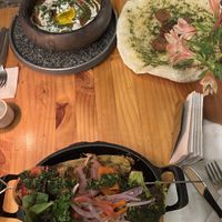 Lentil curry and smoked beans and rice with veggie skewer   at Green Point in Cusco