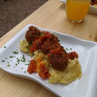 Mashed potatoes with lentil meatballs at Green Point in Cusco