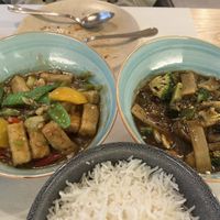 Chilli garlic tofu (left) and Four treasure vegetable (right)  at La Piedra in 