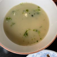 Leek and potato soup—they pour the soup into a bowl with just the “dry” ingredients   at Elora Mill Restaurant in Elora