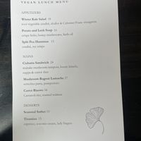 Vegan lunch menu  at Elora Mill Restaurant in Elora
