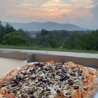 Vegan pizza (to-go) at Flatbread Company in North Conway
