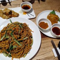 Fried noodles, lion's man fried mushroom, spring roll at Jujubetree in Shanghai