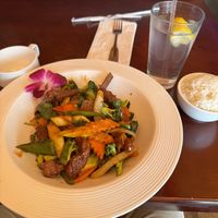 Spicy basil paste entree with vegan beef  at Tum Thai in Kenilworth