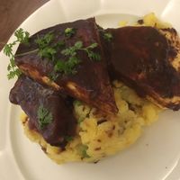 tofu with BBQ sauce made from apples. with mash potato with veg at Plevel in Prague