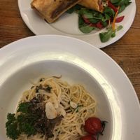 pasta with cashew cream, burrito at Plevel in Prague