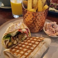Vegan falafel wrap with coleslaw and chips at Mortimer Bistro in Reading