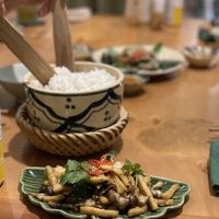 Fried tofu and stir fried mushrooms with rice. So pretty, simple and yummy  at Du Du Xanh in Ho Chi Minh City