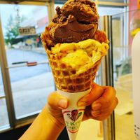 Vegan Chocolate Gelato and Vegan Birthday Cake Gelato on Vegan Waffle Cone   at Ice Kreme KONEction in Mobile