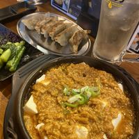 Mapo Tofu, Gyoza and pickles.  at The original Shinshu gyoza Tsukumo Yokocho - 元祖信州餃子 ツクモ横丁 in Nagano