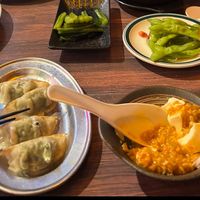 Vegan goyoza, mapo tofu with soy meat and edemame   at The original Shinshu gyoza Tsukumo Yokocho - 元祖信州餃子 ツクモ横丁 in Nagano