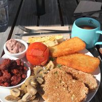 vegan breakfast with halloumi style tofu and tea with soy milk   at Fine Fettle Cafe in Taupo
