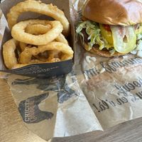 Vegan Burger with Onion Rings   at Harvey's  in Guelph