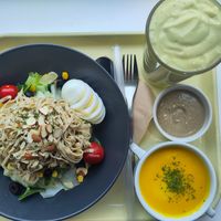 Tofu Salad with Avocado-Banana-Shake and sweet pumpkin soup at Salad Basket - 샐러드 바구니 in Busan