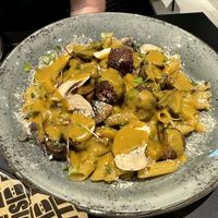 Mushroom pasta with Japanese curry sauce at Disidente Restaurante Vegetariano in Valencia