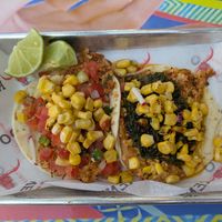 Tofu sofritas tacos with pineapple salsa (left( and chimichurri (right) at Renegado Tacos and Margaritas in Denver