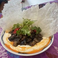 Whipped tofu with adobo mushrooms served with crispy rice crackers   at Yes Lah in Manchester