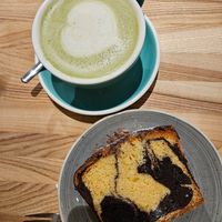 Matcha Latte with oat milk and marble cake at Birdie & Co  in Dusseldorf