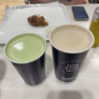 Soy matcha latte and soy pistachio latte at Paris Baguette  in New York City