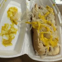 Vegan dog with sauerkraut and mustard   at The Distinguished Wien in Mooresville