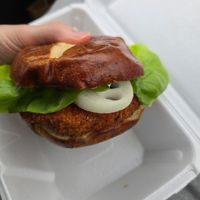 Vegan chicken sandwich with lettuce and onion.  Good! They also said they had vegan mayo but i didn't want that at The Distinguished Wien in Mooresville