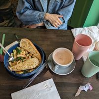 Pasta with rishi latte (and cucumber water) at Vital Creations Vegan Bistro in Seattle