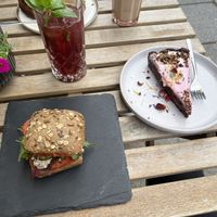 bread roll with "veta", dirty chai & lemonade of the week (cherry thyme)  at Vlora & Vauna in Dresden