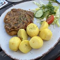 Veganes Schnitzel mit frischen Pfifferlingen (Saisonkarte, 27,90 €)  at Strubel's Gasthaus & Pension in Luebbenau