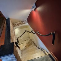Downstairs to the cellar where the breakfast buffet is at Hotel Malleberg in Bruges