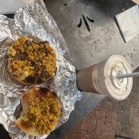 Tofu scramble bagel with soy milk latte at Maude's Classic Cafe in Gainesville
