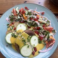 Buckwheat pancakes, cheese sauce, zucchini, tempeh and salad  at Maitri-vegan&glutenfree in Poznan