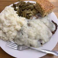 Veggie chicken fried steak, mashed potatoes, green beans, corn breadd  at Seed To Soul Food in Taylor