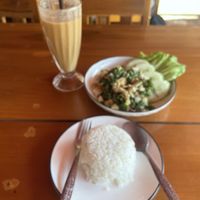 Tofu larb, vegan shake with cinnamonn  at Family Bakery in Nong Khiaw