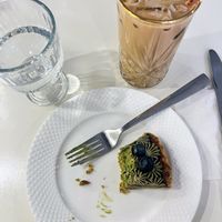 Vegan matcha almond tart and caramel latte  at Succulent Cafe & Food Lab - 植愛 in Taipei