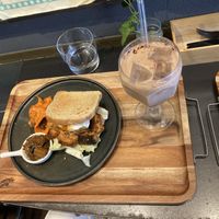 Tandoori chicken sandwich with iced chocolate chai   at anthrop. in Tokyo