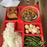 Lunchset 2: tofu, mushrooms soup, rice, eggplants, and green beans   at Vn Street Foods in Marrickville